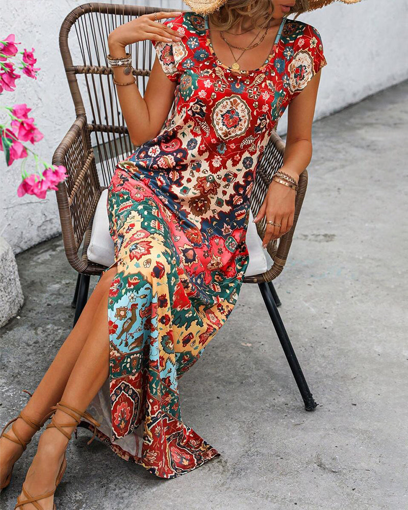 Kleurrijke casual jurk met print en splitten