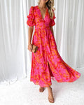 Elegante V-hals Maxi jurk met pofmouwen