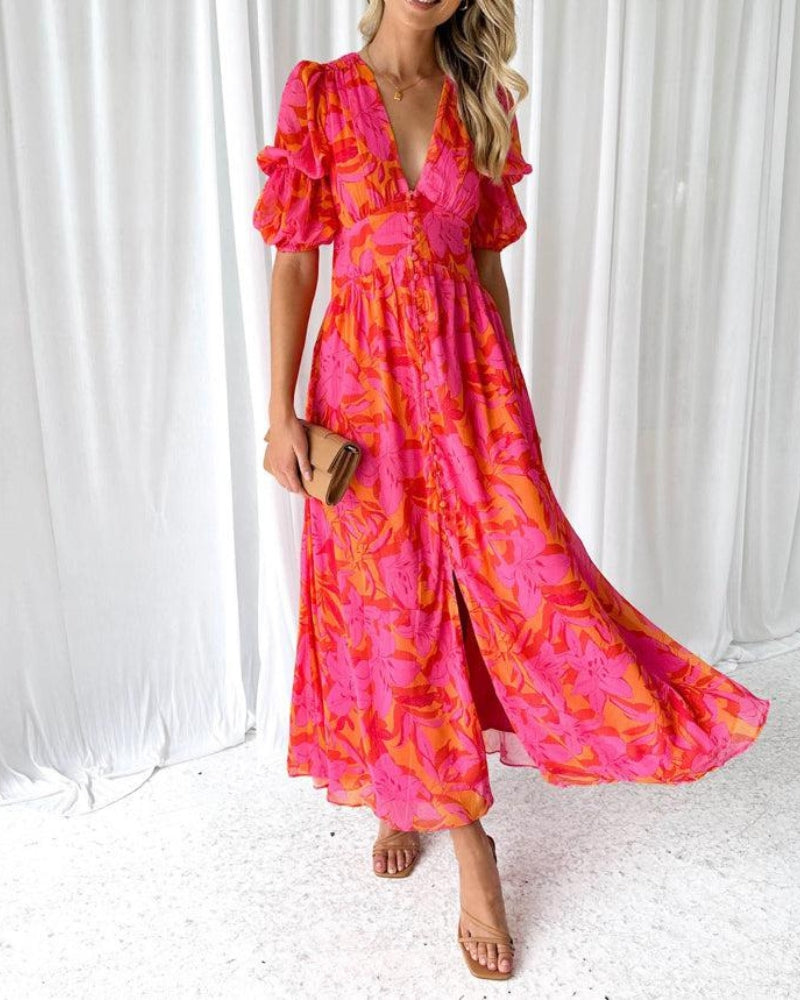 Elegante V-hals Maxi jurk met pofmouwen