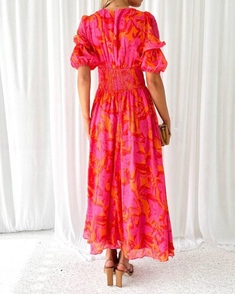 Elegante V-hals Maxi jurk met pofmouwen