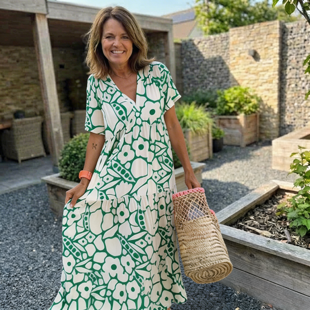 Losse jurk met V-hals en print
